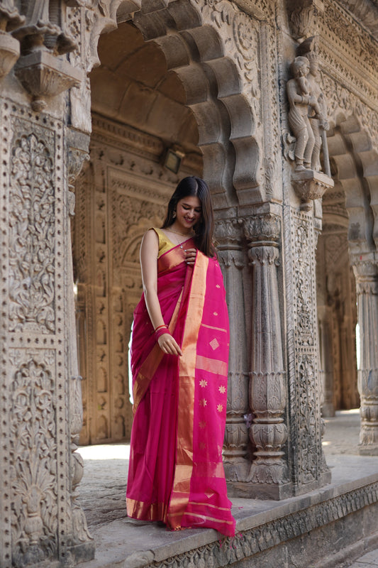 Pink Maheshwari Silk Cotton Handloom Saree