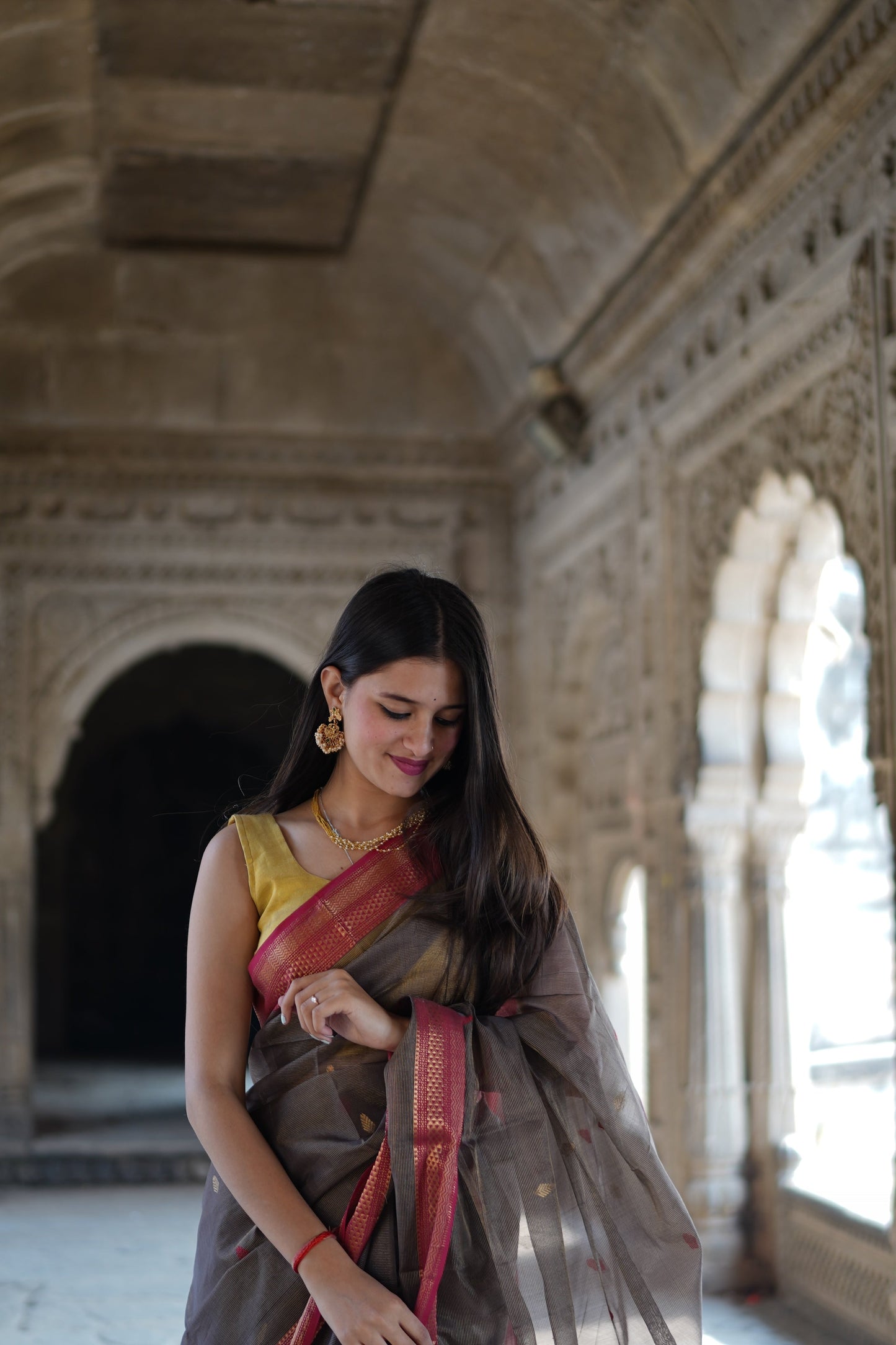 Grey and Orange Maheshwari Silk Cotton Handloom Saree