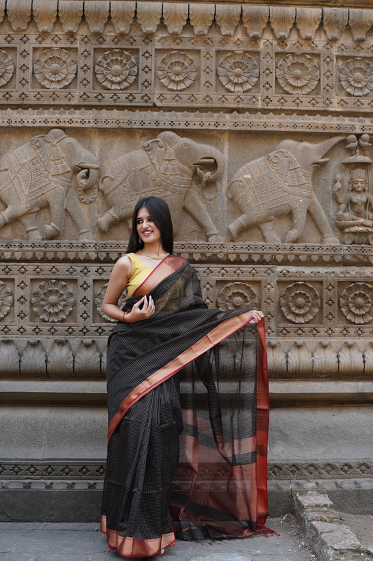 Black Maheshwari Silk Cotton Handloom Saree