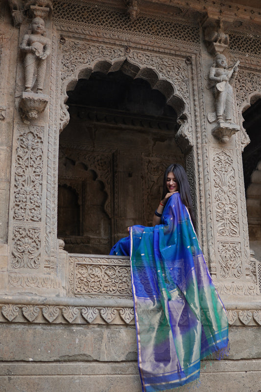 Blue Maheshwari Cotton Handloom Saree