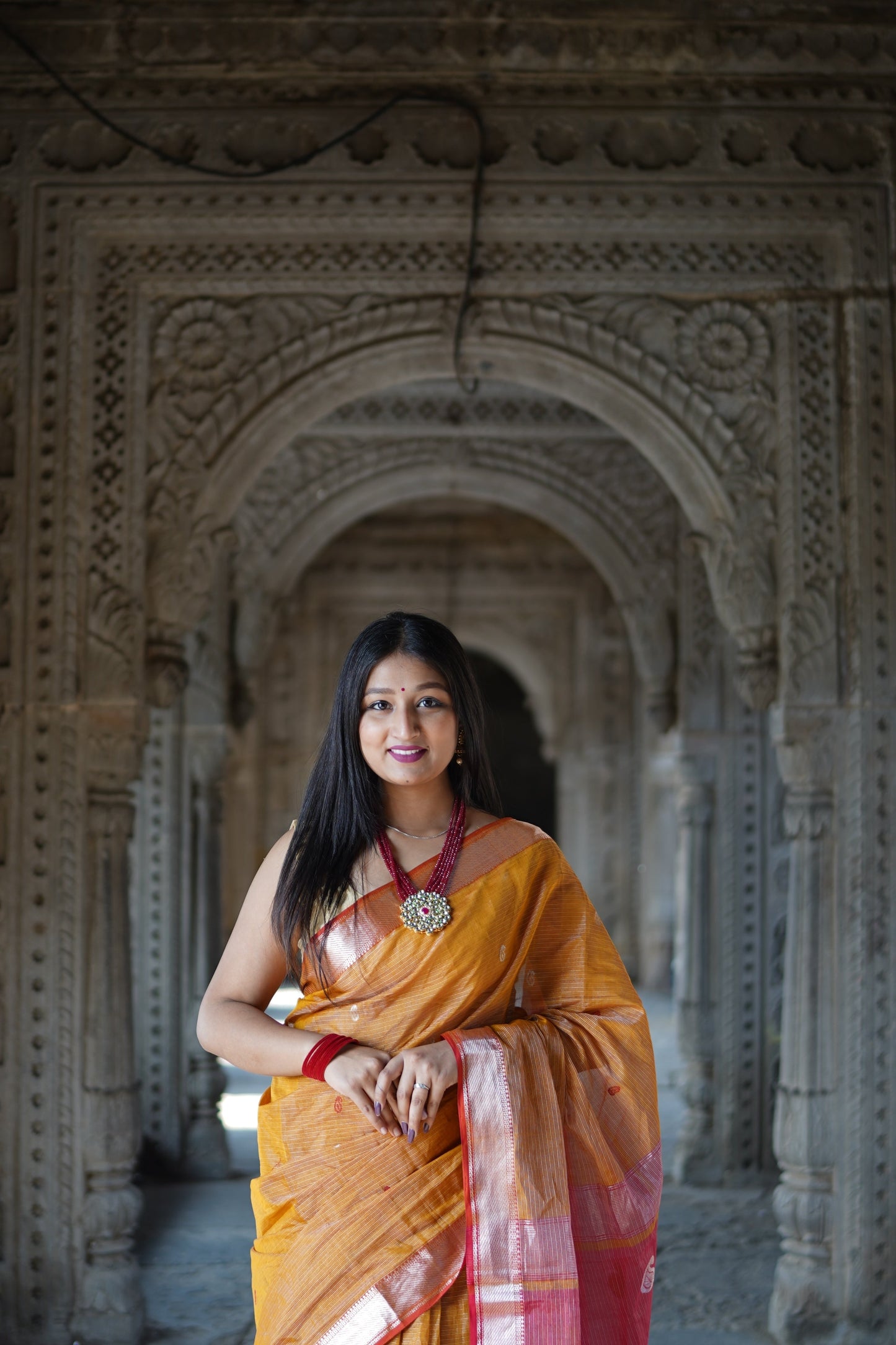 Red and Mustard Maheshwari Silk Cotton Handloom Saree
