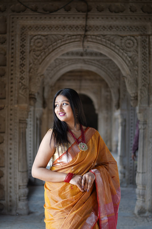 Red and Mustard Maheshwari Silk Cotton Handloom Saree
