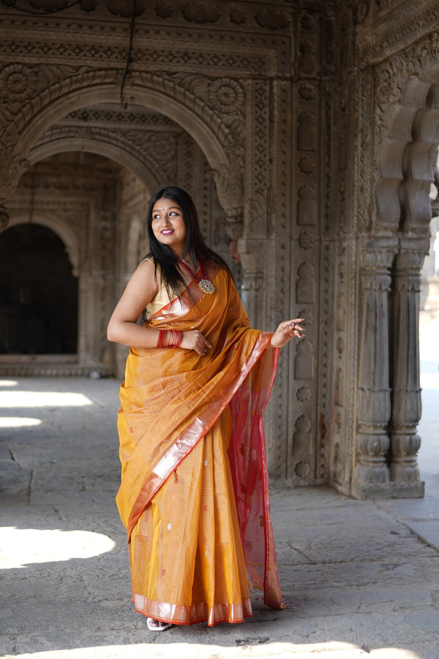 Red and Mustard Maheshwari Silk Cotton Handloom Saree