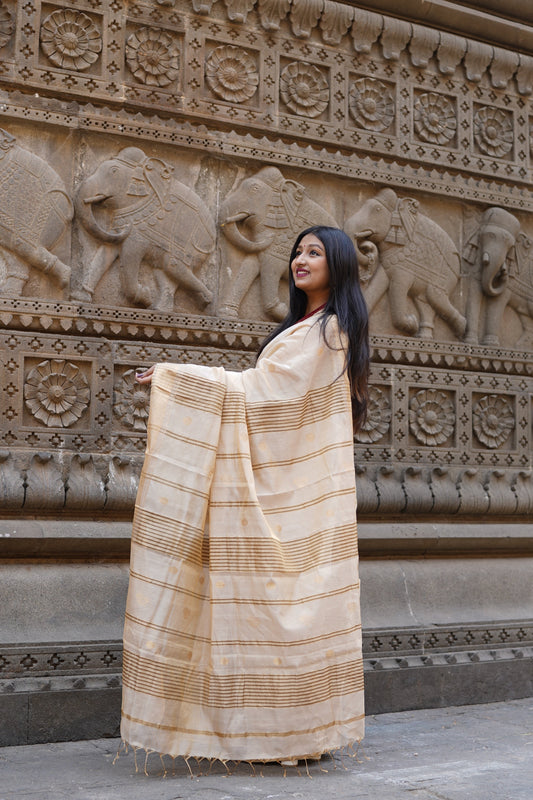 Beige Maheshwari Silk Cotton Handloom Saree