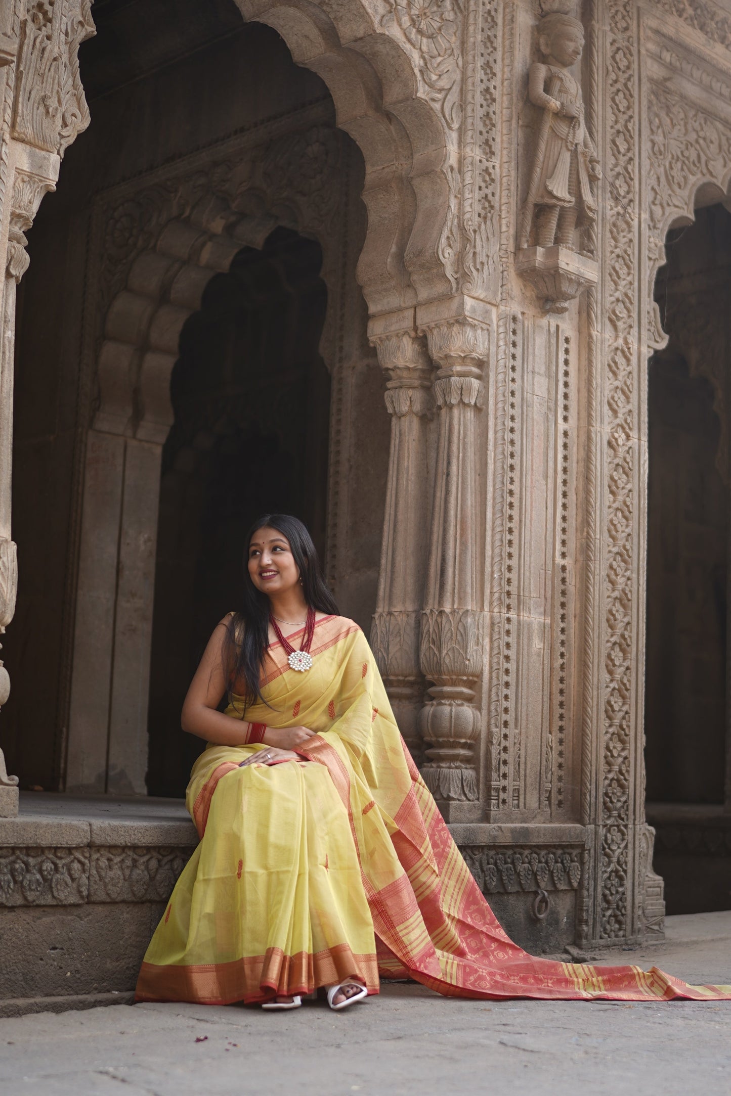 Yellow and Orange Maheshwari Silk Cotton Handloom Saree